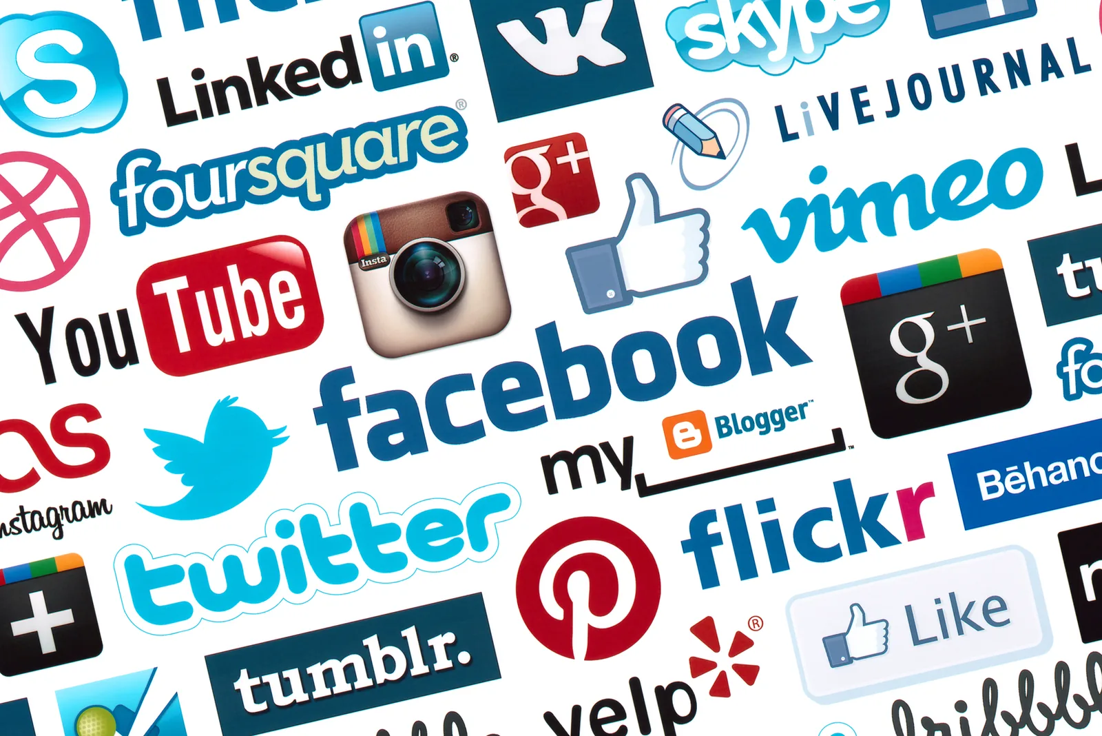 Kiev, Ukraine - October 17, 2012 - A logotype collection of well-known social media brand’s printed on paper. Include Facebook, YouTube, Twitter, Google Plus, Instagram, Vimeo, Flickr, Myspace, Tumblr, Livejournal, Foursquare and more other logos.